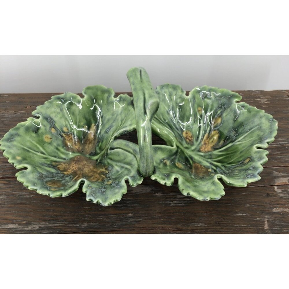 Glazed Double Cabbage Leaf Nut Candy Tidbit Dish With Handle Green Vtg